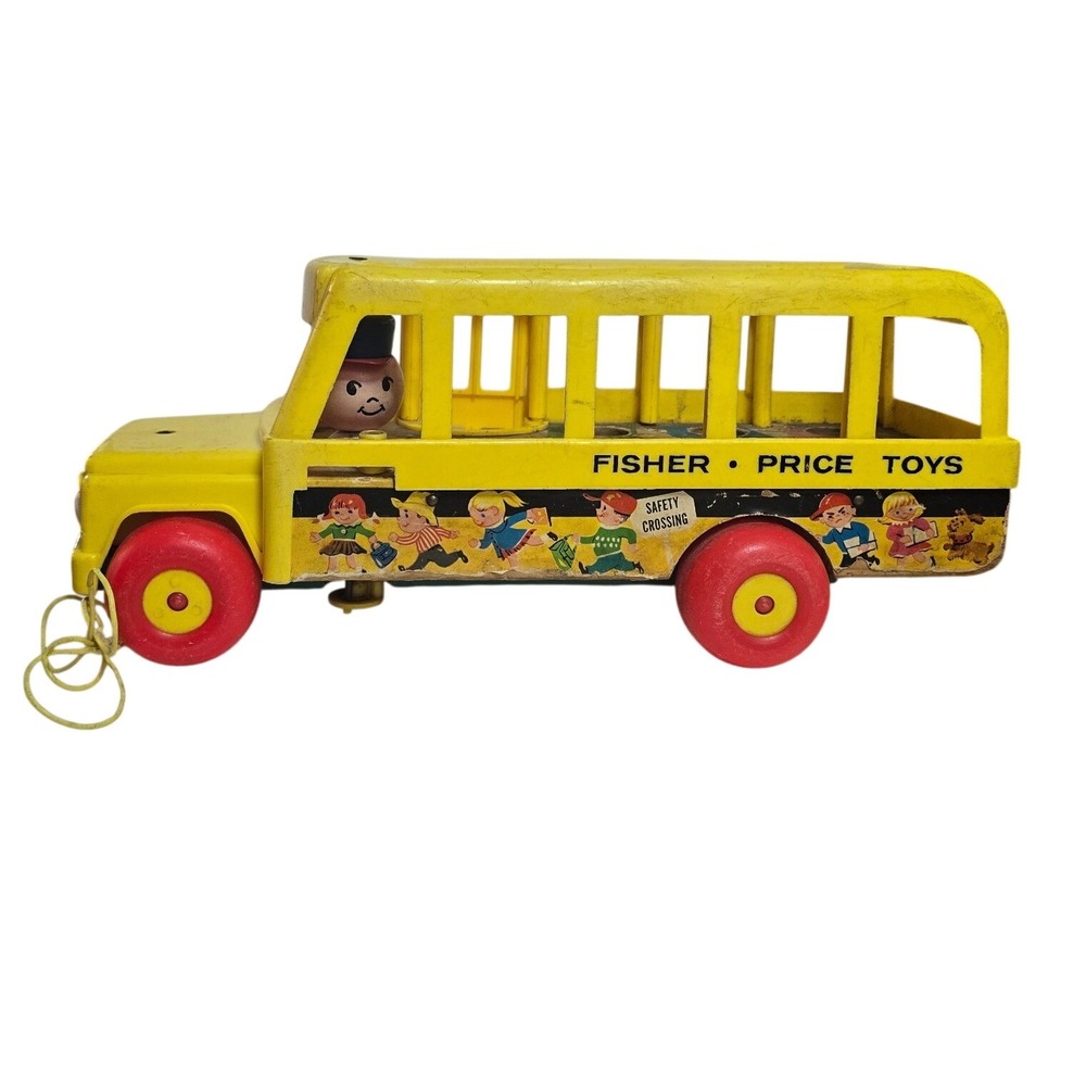Vintage 1965 Fisher Priceβ 192 School Bus Wood Pull Toy with Driver Figure